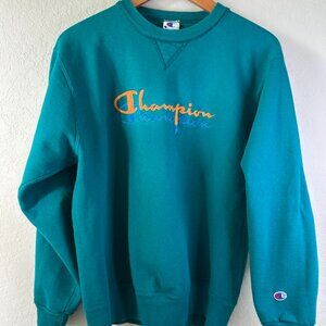 90s Vintage Champion Authentic Apparel Logo Teal Orange Sweatshirt L